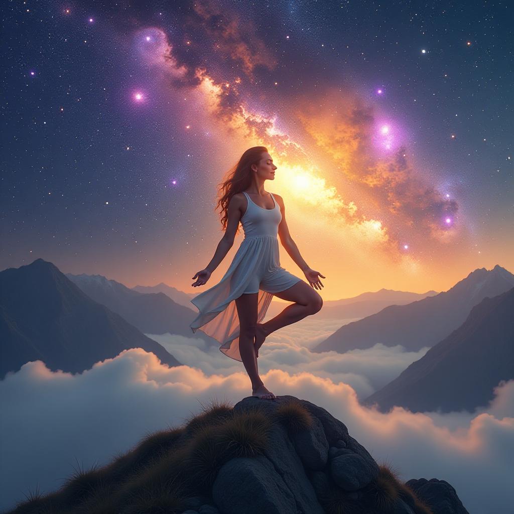  foreground: a serene figure in a flowing white yoga outfit, gracefully poised in the tree pose on a misty mountain peak, with golden light cascading down and highlighting the gentle curves of their body. the figure's eyes are closed, and a soft smile graces their face as they connect with the universe. background: a vibrant, abstract cosmos filled with swirling galaxies, neon stars, and pockets of glowing purple and blue nebulae. the sky is alive with dynamic movement and energy, contrasting starkly yet harmoniously with the tranquil scene in the foreground.