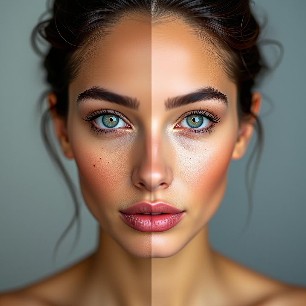  before and after beauty. a compelling split face portrait of a woman, one side with natural skin including freckles and the other side showcasing a flawless makeup look