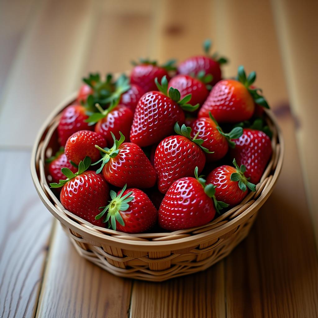  a basket of strawberries on a wooden floor.