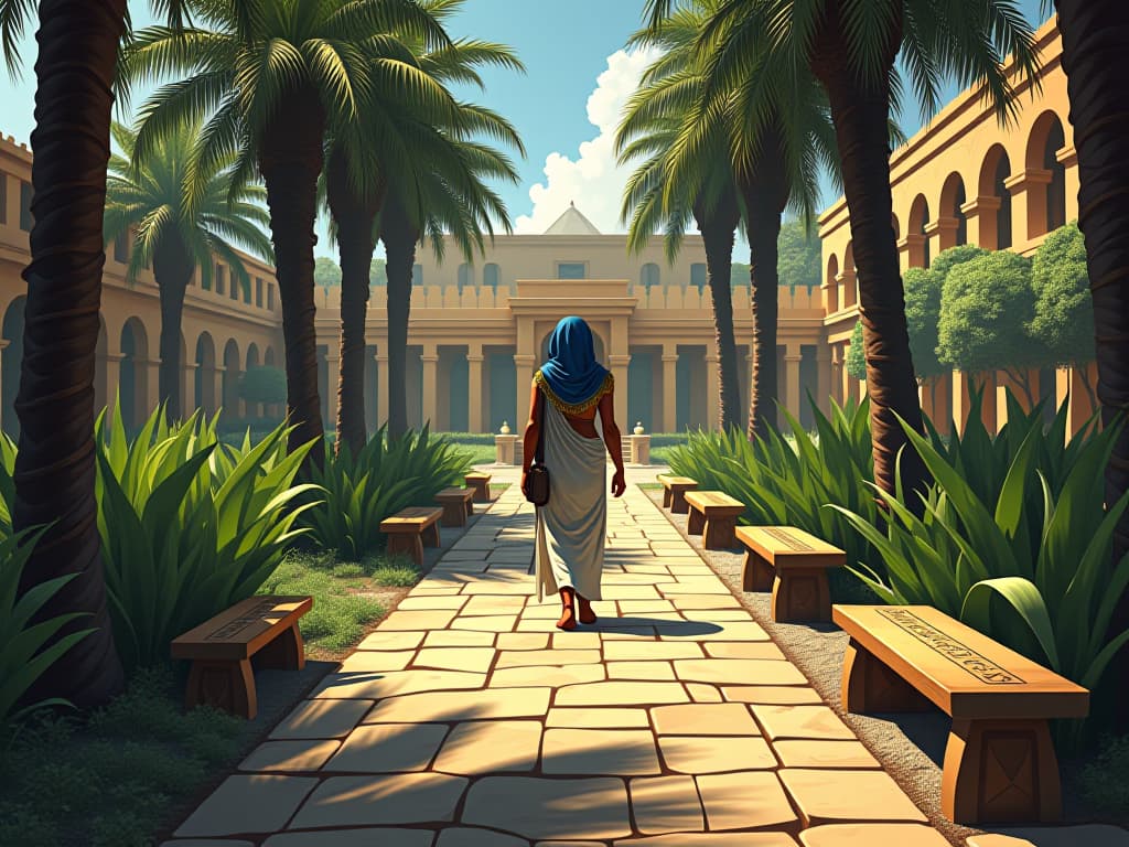  a stone pathway lined with fading hieroglyphs, leading into a tranquil garden with ancient papyrus plants, empty benches under the shade of date palms symbolizing natural fading of relationships.. the style is digital art illustration / modern comic book / mysterious occult, symbolic, esoteric vibe,high detail on character design, incorporating ancient egyptian symbology and attire.