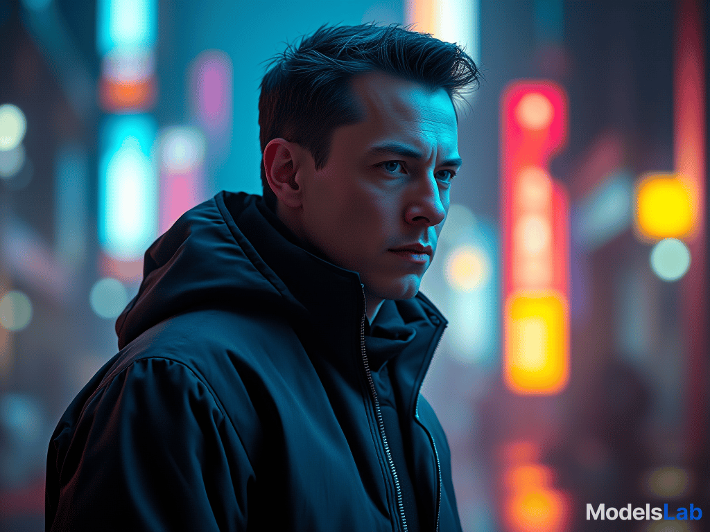  image of elon musk with the background could have a mix of dark and neon colors, blending cool tones like blue, purple, and yellow to create a high tech, dynamic feel. hyperrealistic, full body, detailed clothing, highly detailed, cinematic lighting, stunningly beautiful, intricate, sharp focus, f/1. 8, 85mm, (centered image composition), (professionally color graded), ((bright soft diffused light)), volumetric fog, trending on instagram, trending on tumblr, HDR 4K, 8K