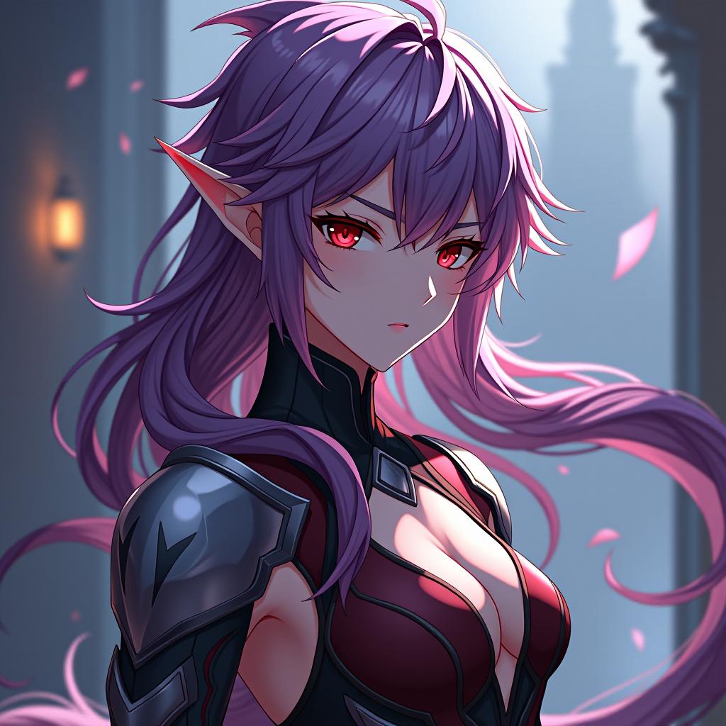  anime artwork dark elf male marble white leather, purple hair, lavender eyes with red olive, red feothed rubber, red footed red gold. eat hair . anime style, key visual, vibrant, studio anime, highly detailed hyperrealistic, full body, detailed clothing, highly detailed, cinematic lighting, stunningly beautiful, intricate, sharp focus, f/1. 8, 85mm, (centered image composition), (professionally color graded), ((bright soft diffused light)), volumetric fog, trending on instagram, trending on tumblr, HDR 4K, 8K