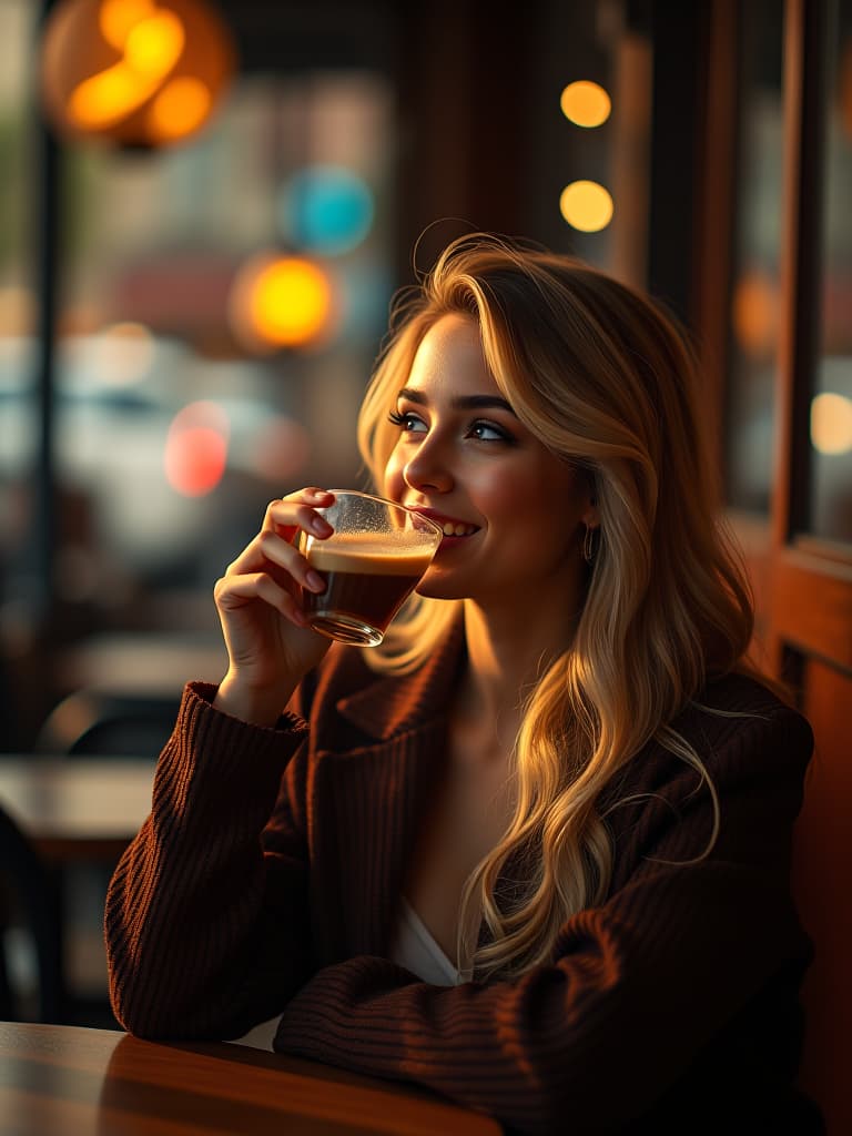  enigmatic woman, captivating, sipping, smiling, gazing, relaxing, inviting atmosphere, warm color palette, golden hour lighting, early evening. soft shadows, moscow street cafe, portrait photography, canon eos r5, 50mm lens, f/1.8 aperture, eye level shot, kodak portra 400, 8k resolution, ultra high detailed, intricate, trending on artstation, top quality, awarded masterpiece. hyperrealistic, full body, detailed clothing, highly detailed, cinematic lighting, stunningly beautiful, intricate, sharp focus, f/1. 8, 85mm, (centered image composition), (professionally color graded), ((bright soft diffused light)), volumetric fog, trending on instagram, trending on tumblr, HDR 4K, 8K