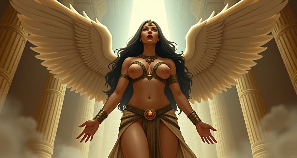  ancient egyptian temple, large busted priestess in skimpy, sheer attire, surrounded by ethereal angels, protecting aura, shield of light. the style is digital art illustration / modern comic book / mysterious occult, symbolic, esoteric vibe,high detail on character design, incorporating ancient egyptian symbology and attire.