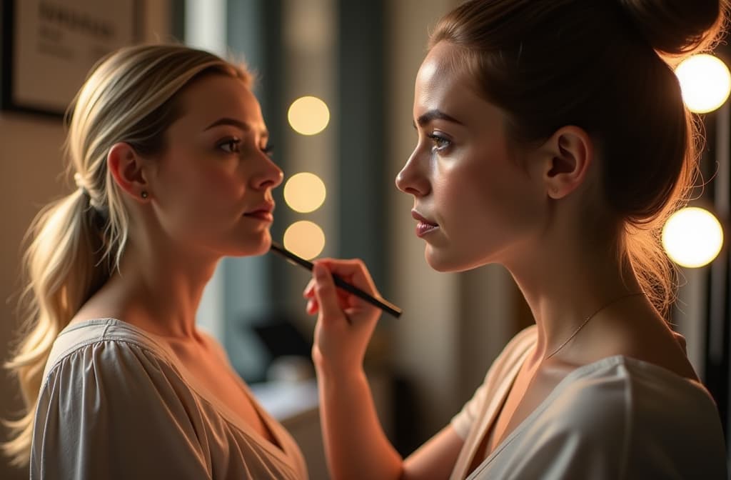  a woman with brushes and cosmetics applies makeup to a model, with bright studio lights and mirrors behind her. ar 3:2, (natural skin texture), highly detailed face, depth of field, hyperrealism, soft light, muted colors