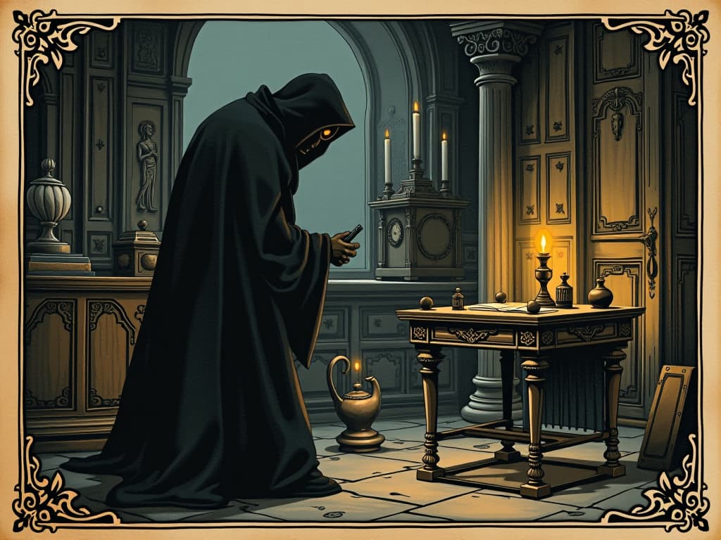  shadowy figure, archaeologist, discerning gaze, room filled with antique relics, focused exploration. an illustration in the style of a worn, mystical old tarot trump card, mysterious and elements of surrealism. the colors are muted, somber and eerie, but with contrast bring out an occult and esoteric vibe.