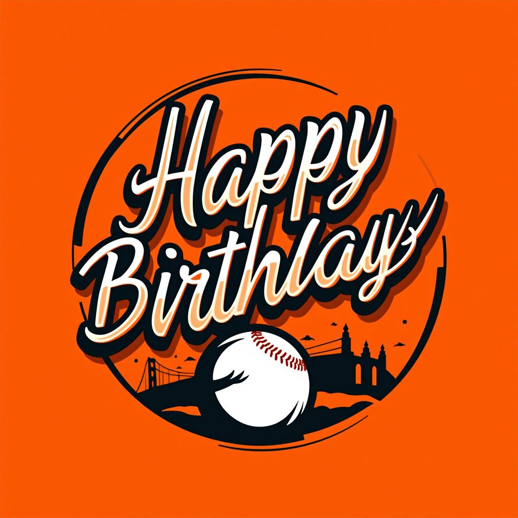  design a logo, idea con la imagen del equipo de béisbol de san francisco giants que diga happy birthday con tonos naranjas negros y blancos donde también aparezca una pelota de béisbol de fondo