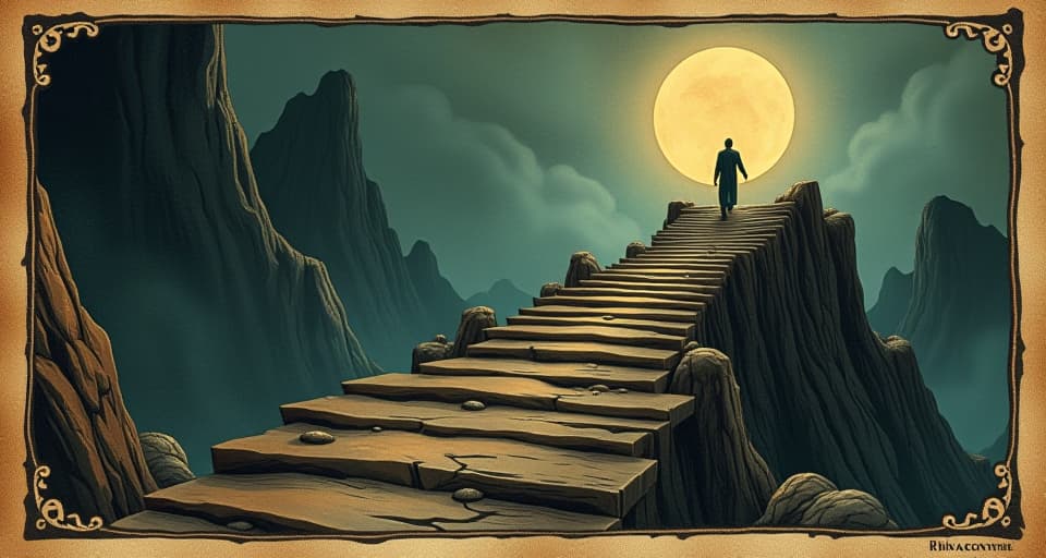  a rugged, challenging path, central figure traversing, despite obstacles, determination, glory radiating as progress is made. an illustration in the style of a worn, mystical old tarot trump card, mysterious and elements of surrealism. the colors are muted, somber and eerie, but with contrast bring out an occult and esoteric vibe.