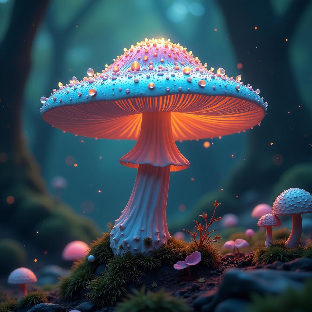  vibrant, iridescent mushroom with delicate, swirling cap, surrounded by soft, ethereal luminescence, speaking in a swirling aura of shimmering, pastel mist, set against a rich, velvety, dark turquoise background with deep golden, ornate filigree, intricate fungal networks, and suspended, glowing, dreamlike droplets, rendered in breathtaking, hyper detailed, 8k matte painting style, blending ian mcque's dark fantasy, simon stalenhag's atmospheric lighting, and noah bradley's breathtaking, hyper realistic textures, with bold, clashing hues of emerald green, sapphire blue, and amethyst, inspired by unreal engine 5's photorealistic capabilities, evoking a sense of mystic wonder and awe.