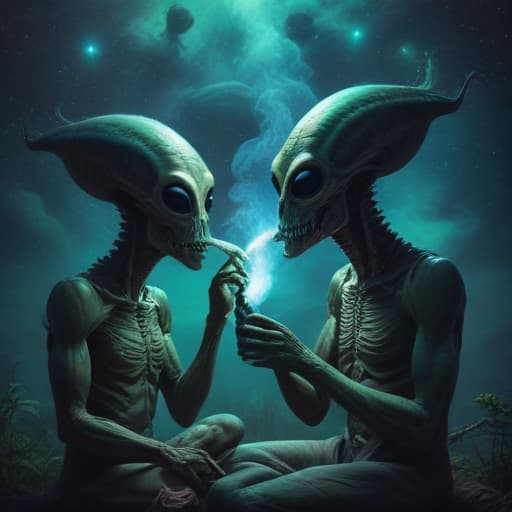 Aliens smoking weed in Mythological style with Space background