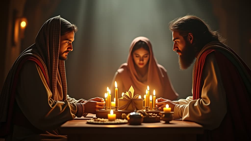  history of biblical times, a scene depicting the rich gifts given by abraham to the servant for rebecca and her family, symbolizing the importance of this union. hyperrealistic, full body, detailed clothing, highly detailed, cinematic lighting, stunningly beautiful, intricate, sharp focus, f/1. 8, 85mm, (centered image composition), (professionally color graded), ((bright soft diffused light)), volumetric fog, trending on instagram, trending on tumblr, HDR 4K, 8K