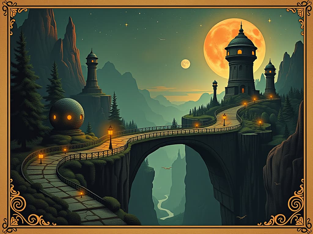  otherworldly landscape with artistic bridges, shimmering lights and floating islands, artist creating amidst this surreal realm, connection between dimensions. an illustration in the style of a worn, mystical old tarot trump card, mysterious and elements of surrealism. the colors are muted, somber and eerie, but with contrast bring out an occult and esoteric vibe.