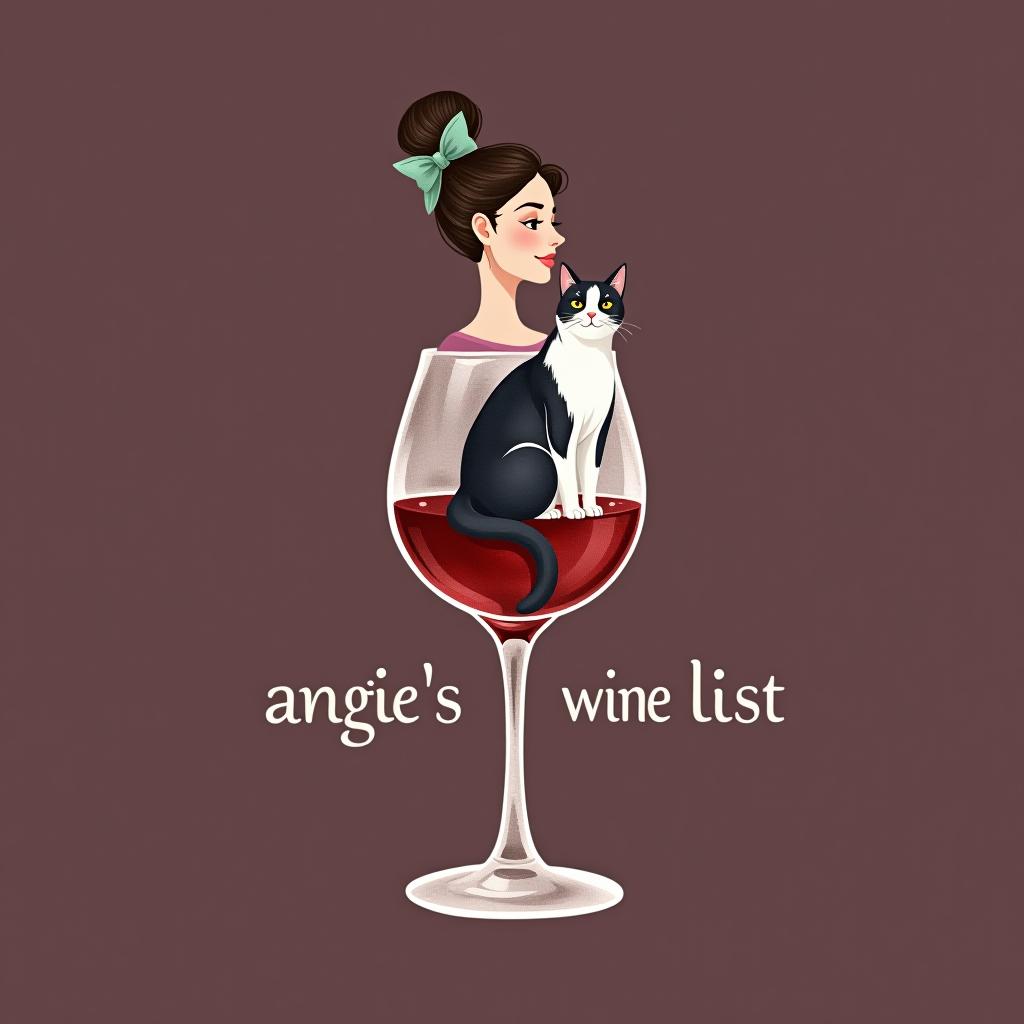  design a logo, in a watercolor style. woman and a black and white cat sitting in a wine glass, with the text 'angie’s wine list'.