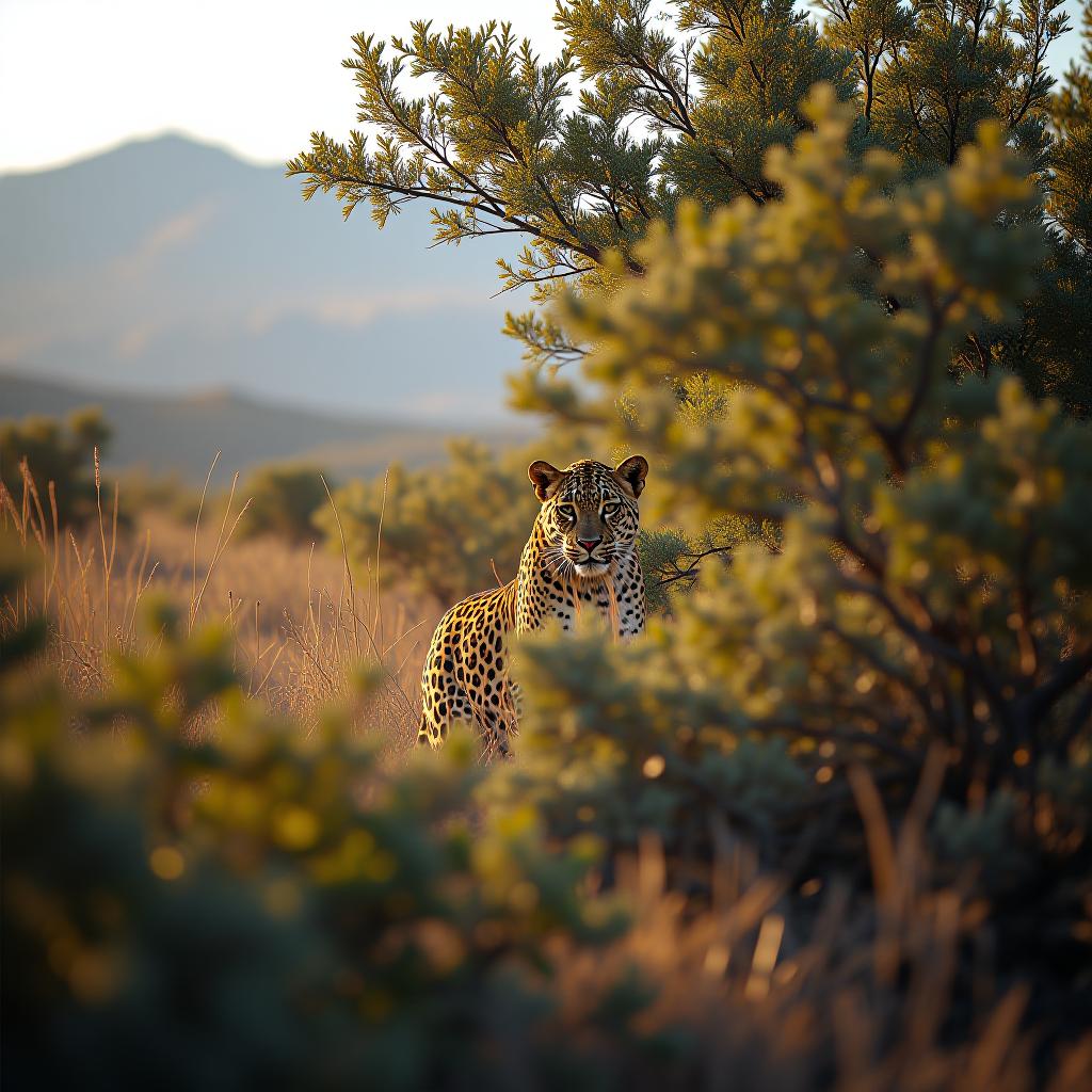  photoreal. professional. photorealistic+++++. a leopard hiding in dense bushes, waiting for prey. it is the dry season. it is noon. the sky is clear. mountainous african terrain. detailed african bushveld flora. uhd. ultra detailed. best quality photo. intricate details. give attention to the finest details.