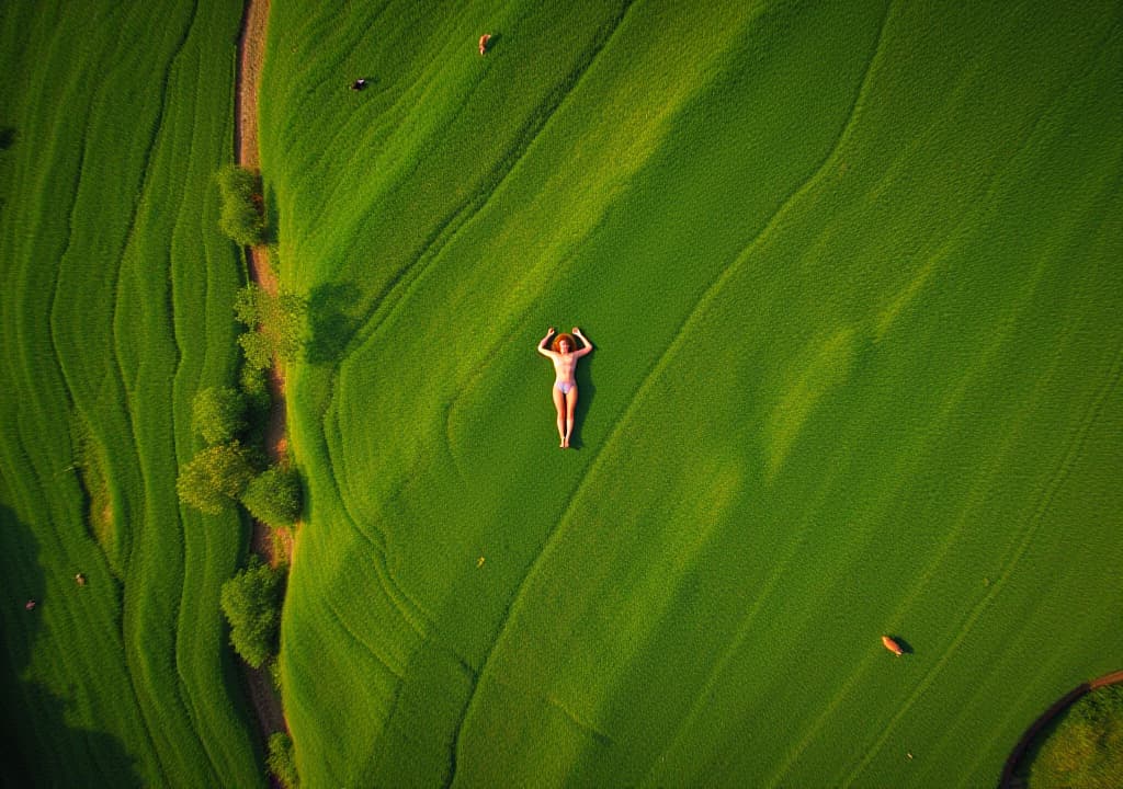  top areial drone shot of a person lying in the lush green fields of switzerland, there is a small valley nearby, cows and birds are present. there is also mountains. the image is taken in bright sunny day and it should have very natural lighting and be realistic