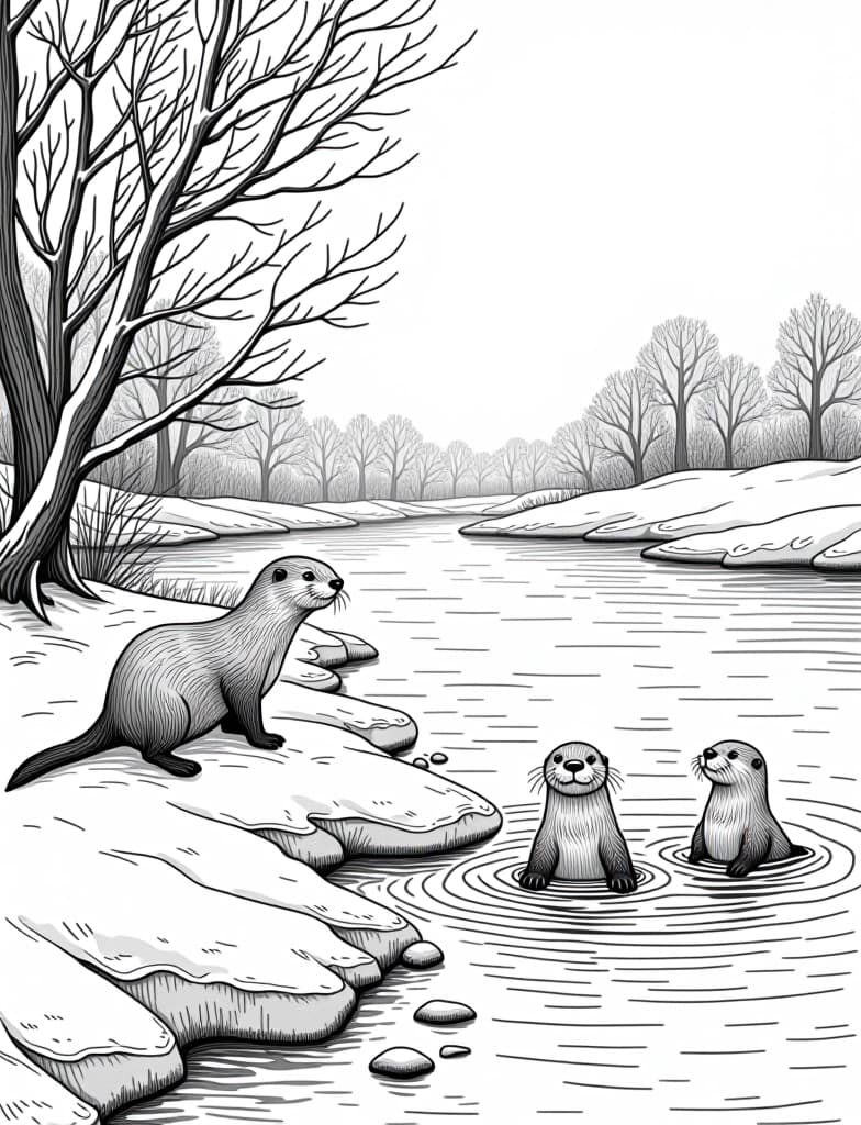  this is for an adult coloring page. a detailed black and white line art of a snowy snow covered riverbank with a group of otters playing on a solid white background.