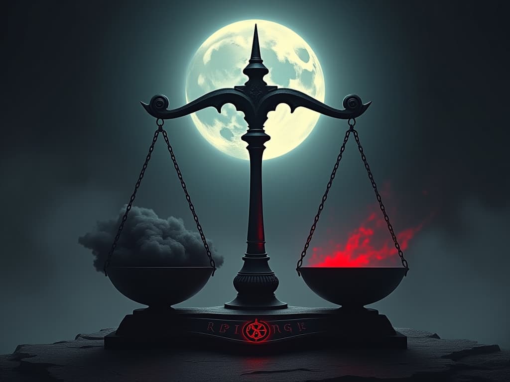  an ancient weighing scale, one side heavy with a dark, ominous cloud, the other side empty, suspended in a moonlit void, gothic atmosphere, symbols of regret and remorse etched along the scale's base.. the style is dark fantasy and mysterious occult, symbolic, moody lighting, esoteric vibe,high detail on character design. for the color scheme emphasize blacks and reds.