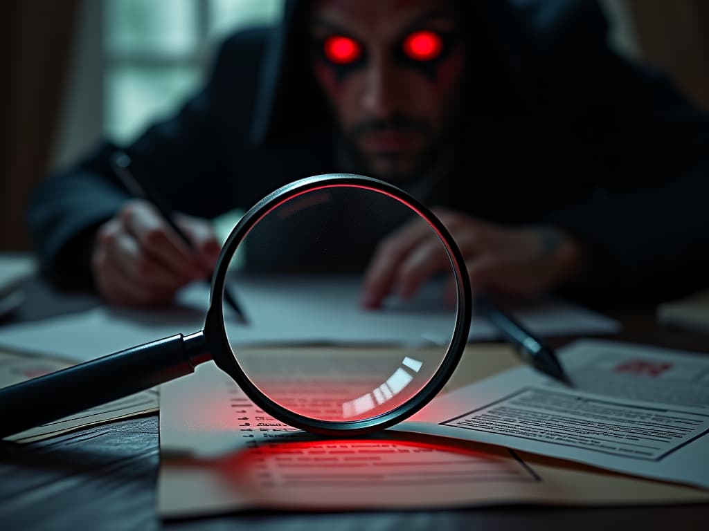  close up of magnifying glass focusing on a desk, papers with highlighting marks, pens scattered, blurred faces in the background, intense atmosphere of investigation.. the style is dark fantasy and mysterious occult, symbolic, moody lighting, esoteric vibe,high detail on character design. for the color scheme emphasize blacks and reds.