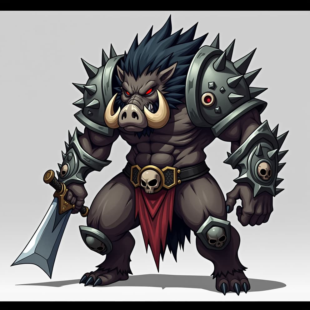  create a 2d anime style character sheet turnaround of a large, menacing boar like creature with spiky dark hair, glowing red eyes, and massive tusks. the creature wears heavy, jagged armor adorned with metallic spikes and skulls, emphasizing its brute strength and ferocity. its muscular body is covered with fur, and it wields a large, jagged blade in one hand. the character should have a powerful, intimidating stance, with exaggerated features typical of anime villains, a simple background.hyper detail, intricate details, sharp focus, high resolution, 8k, ultra detailed, vib