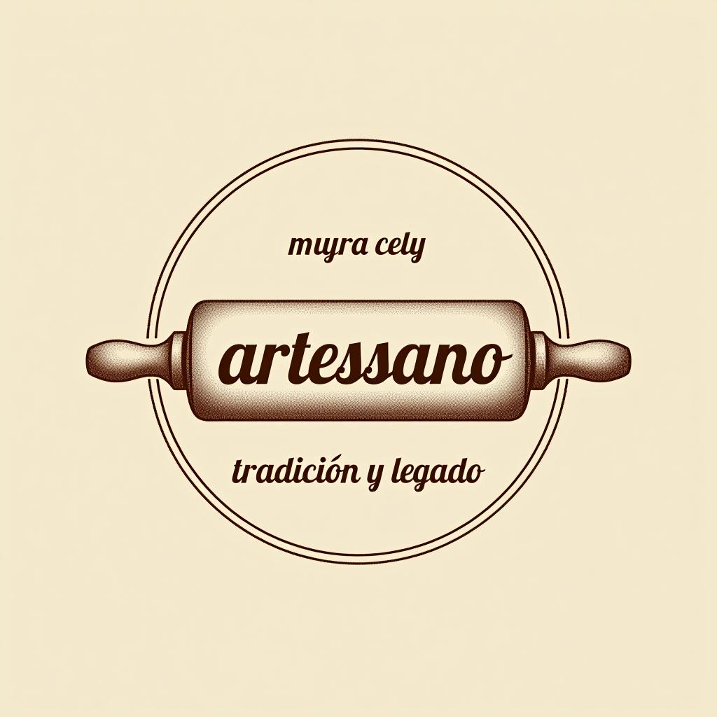  design a logo, in a pencil style. simple and elegant design circular design light and brown tones use a rolling pin image put the word “artessano” inside the image of the rolling pin, with the text 'tradición y legado'.