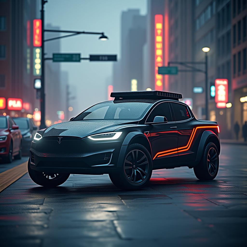  tesla cybertruck pickup in a cyberpunk town hyperrealistic, full body, detailed clothing, highly detailed, cinematic lighting, stunningly beautiful, intricate, sharp focus, f/1. 8, 85mm, (centered image composition), (professionally color graded), ((bright soft diffused light)), volumetric fog, trending on instagram, trending on tumblr, HDR 4K, 8K