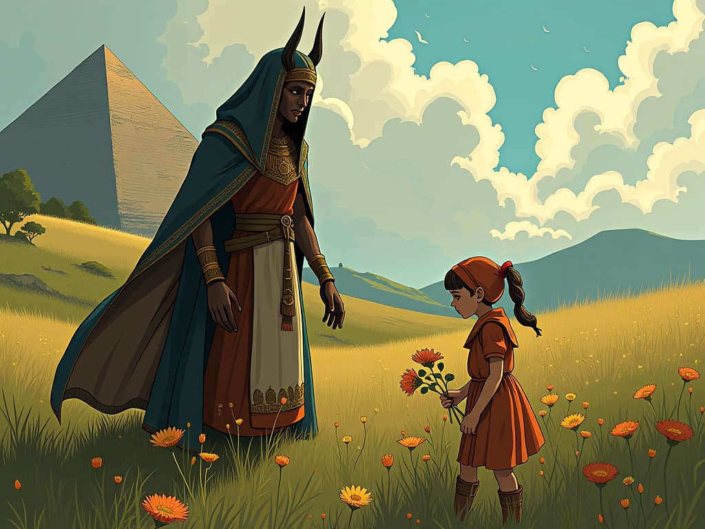  a peasant girl in simple clothing, gathering wildflowers in a meadow, under frau holle's watchful gaze, a mix of kindness and scrutiny.. the style is digital art illustration / modern comic book / mysterious occult, symbolic, esoteric vibe,high detail on character design, incorporating ancient egyptian symbology and attire.