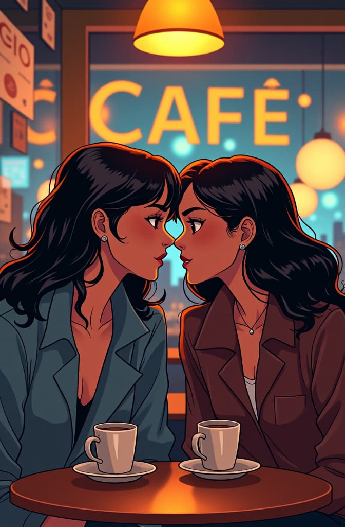  un encuentro en el café sofía se encuentra con su amiga (elena) en un café., marvel comic panel, dc animated comic panel, comic panel, manga and manhwa style panel, portrait, young person face, style for marvel comic, anime comic panel style hyperrealistic, full body, detailed clothing, highly detailed, cinematic lighting, stunningly beautiful, intricate, sharp focus, f/1. 8, 85mm, (centered image composition), (professionally color graded), ((bright soft diffused light)), volumetric fog, trending on instagram, trending on tumblr, HDR 4K, 8K