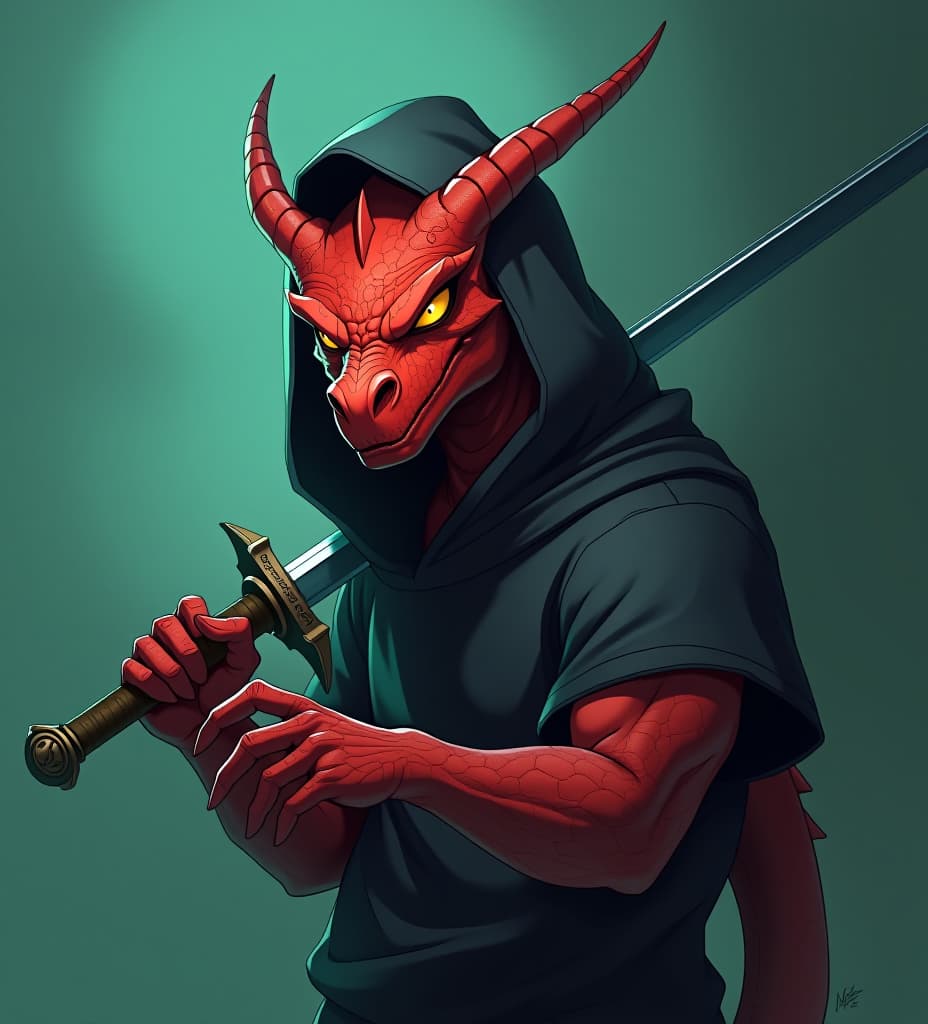  a menacing looking red skinned humanoid dragon with yellow eyes wearing a black hoodie and wielding a sword in front of a cyan to green fade background