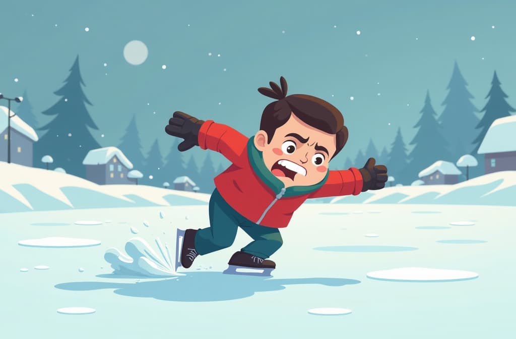  flat illustration, flaticon, (illustration:1.15), character slipping on ice with a disgruntled expression on his face ar 3:2, [cory loftis, strobist, pascal campion :: 0.2]