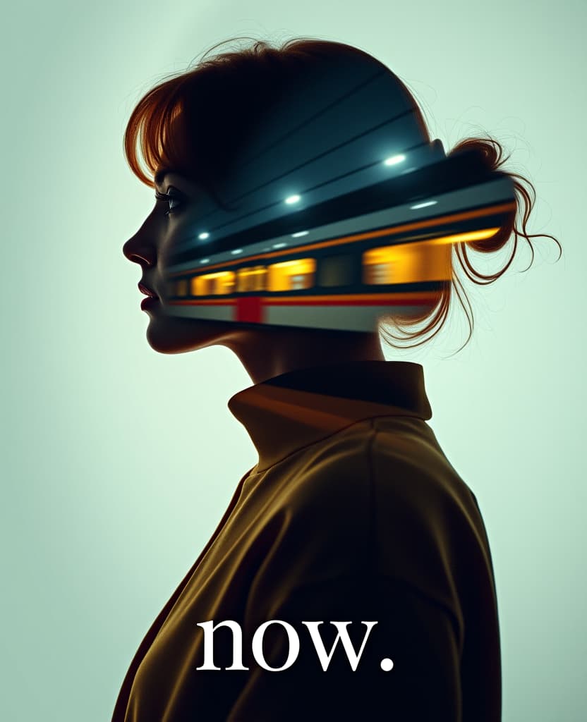  the cutout of a profile silhouette of a woman with a double exposure revealing a moving train in a blurry motion blur analog composition. a text caption underneath reads "now." in a pretty font. hyperrealistic, full body, detailed clothing, highly detailed, cinematic lighting, stunningly beautiful, intricate, sharp focus, f/1. 8, 85mm, (centered image composition), (professionally color graded), ((bright soft diffused light)), volumetric fog, trending on instagram, trending on tumblr, HDR 4K, 8K