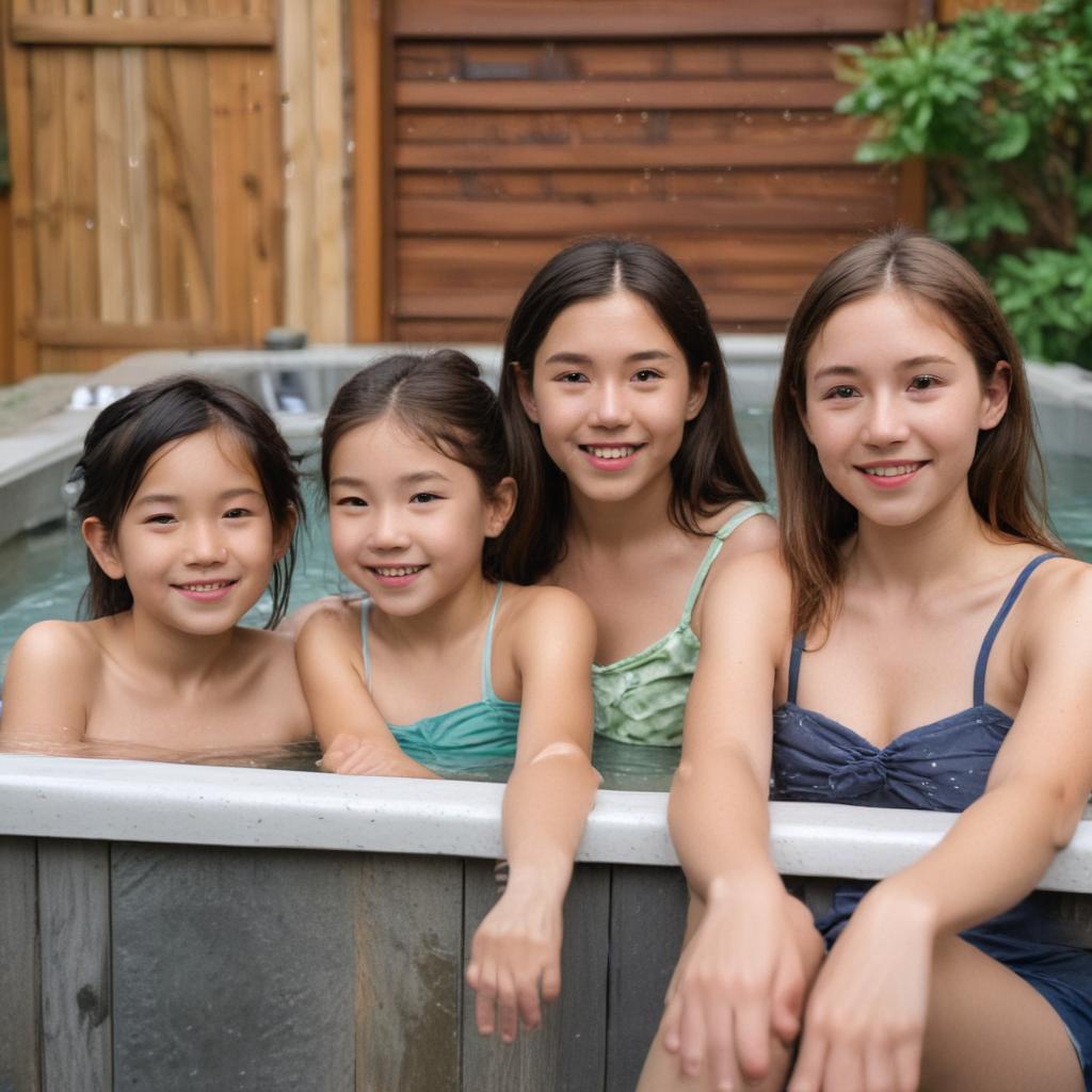 one asian tween , one irish tween , and one caucasian tween all sitting in a hot tub together