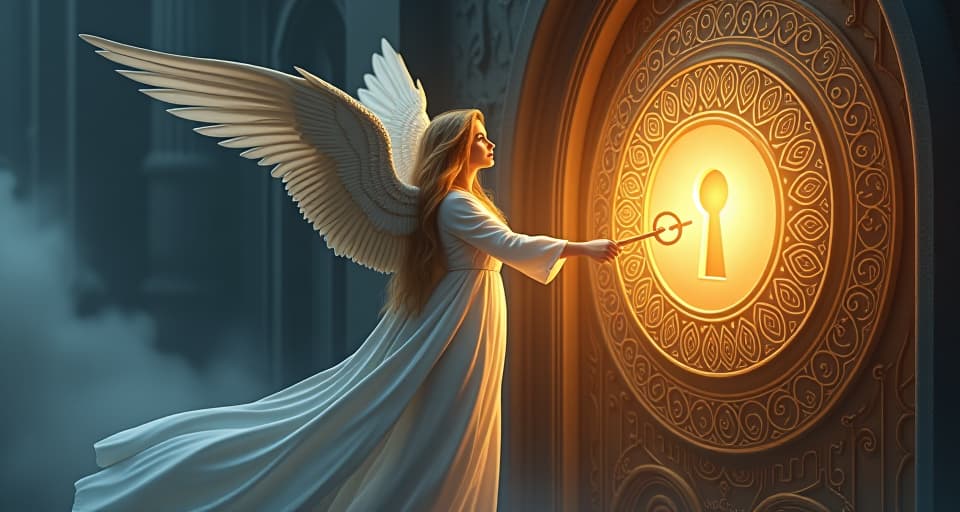  celestial guardian holding a shining key, the keyhole in a radiant door with ancient patterns, unlocking divine purpose, illuminating path.. the style is digital art illustration,highly detailed, whimsical,magical, dreamlike atmosphere, realism and fantasy blend, smooth, glossy textures,luminous quality, wonder and enchantment.