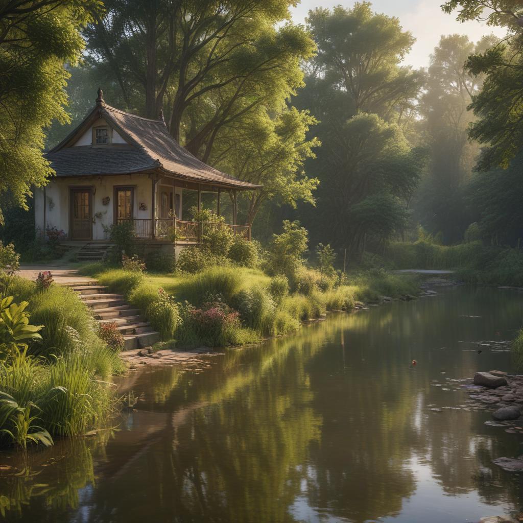 ((masterpiece)),(((best quality))), 8k, high detailed, ultra detailed,A charity home located near a serene river, residents engaged in therapeutic activities,((idyllic riverside setting)),lush greenery surrounding the building, (peaceful ambiance with birds chirping), (soft morning light illuminating the scene) hyperrealistic, full body, detailed clothing, highly detailed, cinematic lighting, stunningly beautiful, intricate, sharp focus, f/1. 8, 85mm, (centered image composition), (professionally color graded), ((bright soft diffused light)), volumetric fog, trending on instagram, trending on tumblr, HDR 4K, 8K