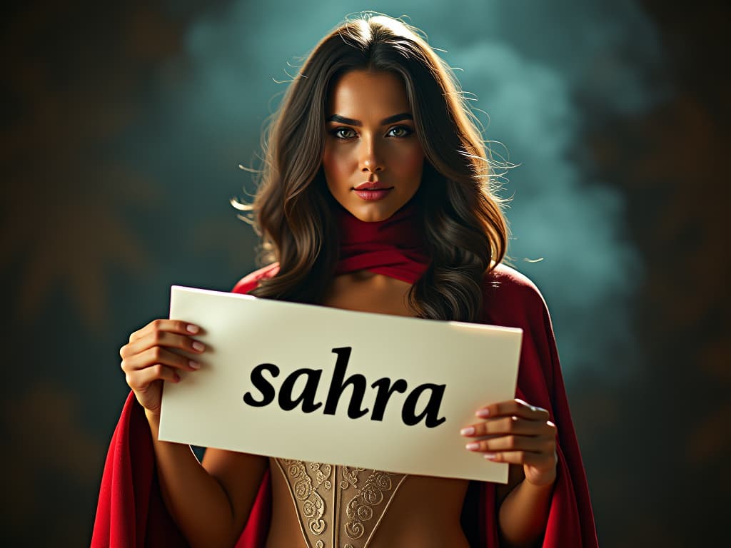  super woman that holds a paper with this letter: "sahra" hyperrealistic, full body, detailed clothing, highly detailed, cinematic lighting, stunningly beautiful, intricate, sharp focus, f/1. 8, 85mm, (centered image composition), (professionally color graded), ((bright soft diffused light)), volumetric fog, trending on instagram, trending on tumblr, HDR 4K, 8K