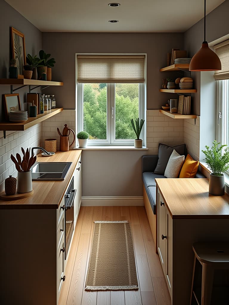  high quality portrait photo of a birds eye view of a compact l shaped kitchen with clever storage solutions, featuring a mix of open shelving and hidden cabinets, a small island, and a cozy breakfast nook by the window hyperrealistic, full body, detailed clothing, highly detailed, cinematic lighting, stunningly beautiful, intricate, sharp focus, f/1. 8, 85mm, (centered image composition), (professionally color graded), ((bright soft diffused light)), volumetric fog, trending on instagram, trending on tumblr, HDR 4K, 8K