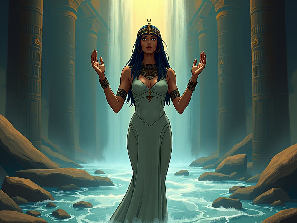  large busted goddess in a form fitting gown, standing before a flowing river, hands raised, visualizing outcomes and harnessing transformation power. the style is digital art illustration / modern comic book / mysterious occult, symbolic, esoteric vibe,high detail on character design, incorporating ancient egyptian symbology and attire.