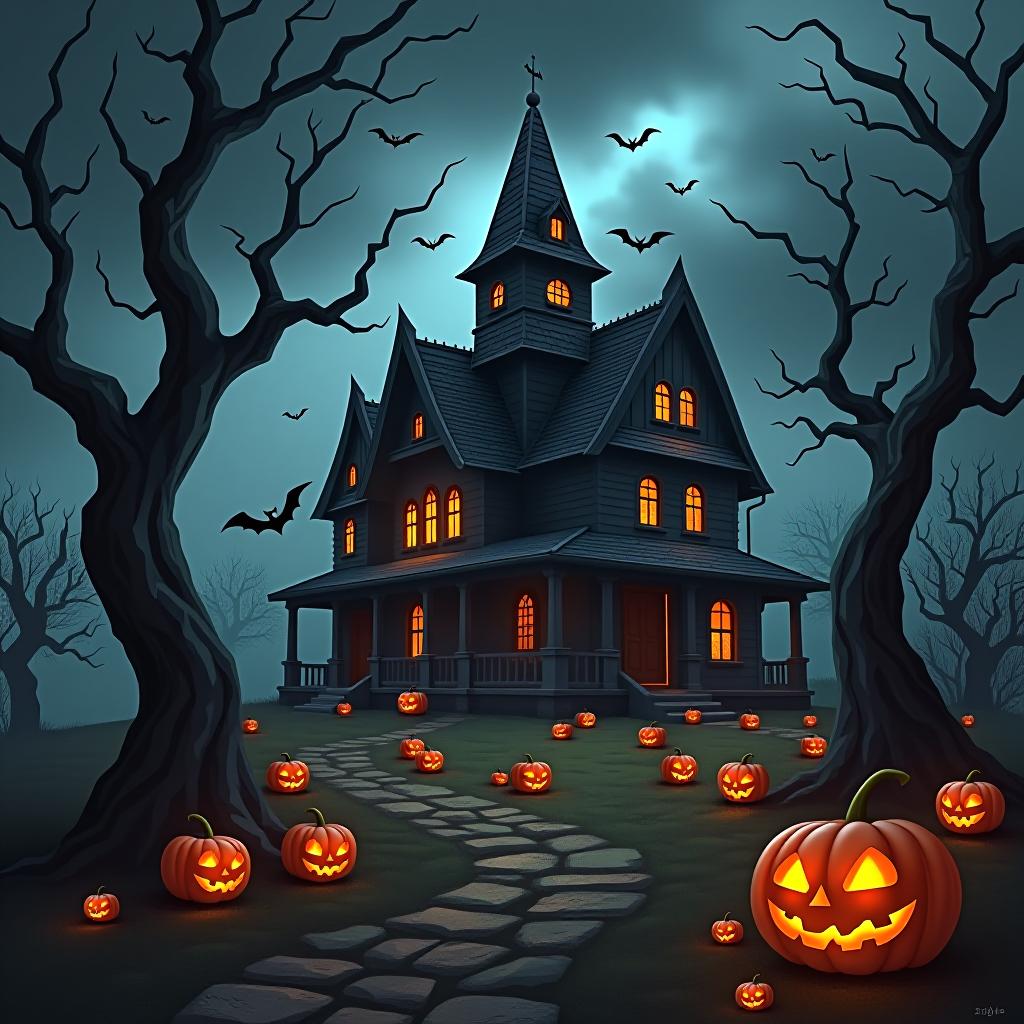  create a seamless digital painting of a spooky, halloween themed scene featuring a haunted house with gothic architecture. the house should be surrounded by twisted, gnarled trees and a multitude of jack o' lanterns. the scene should include a dark, cloudy sky to enhance the eerie atmosphere. the overall style should be detailed and atmospheric, capturing the essence of a haunted, creepy environment perfect for halloween, ensuring the design is seamless for use in repeating patterns or wraps.