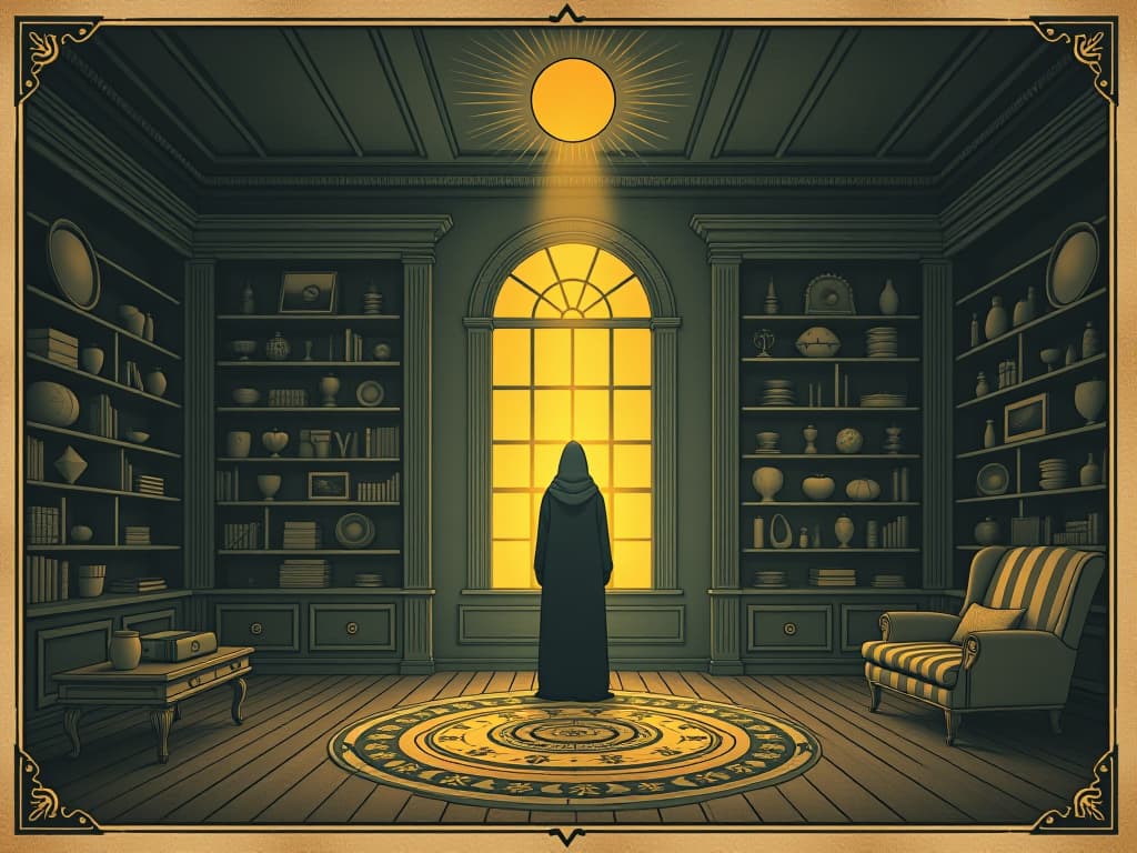  a room filled with light, shelves now holding items of light, figure in the center glowing with positive energy, atmosphere of nourishment and elevation. an illustration in the style of a worn, mystical old tarot trump card, mysterious and elements of surrealism. the colors are muted, somber and eerie, but with contrast bring out an occult and esoteric vibe.