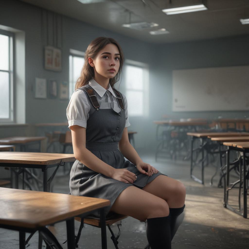 ((masterpiece)), (((best quality))), 8k, high detailed, ultra detailed, A girl sitting in a classroom, 檾檬檸檬祝勞動節快樂 hyperrealistic, full body, detailed clothing, highly detailed, cinematic lighting, stunningly beautiful, intricate, sharp focus, f/1. 8, 85mm, (centered image composition), (professionally color graded), ((bright soft diffused light)), volumetric fog, trending on instagram, trending on tumblr, HDR 4K, 8K