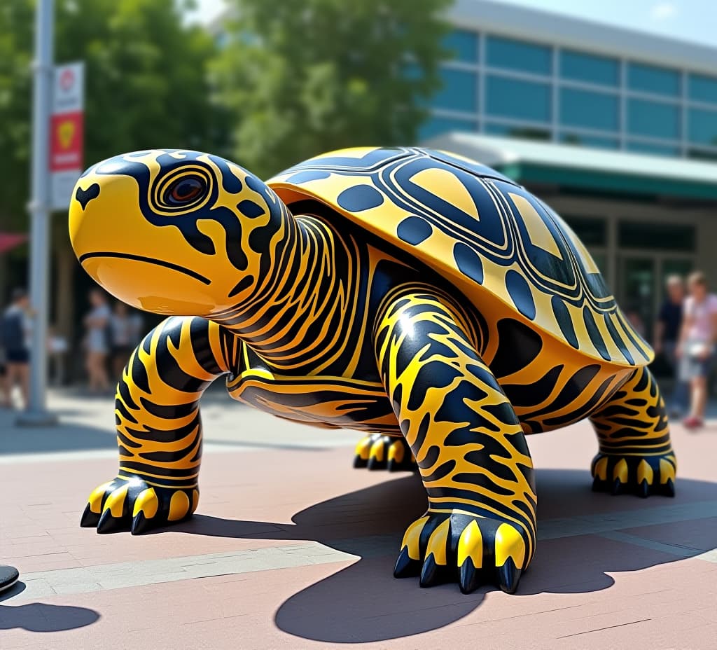  a large, colorful turtle sculpture stands in a public space, its shell adorned with black and yellow patterns.