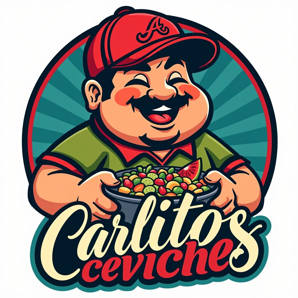  design a logo, in a threedrender style. chubby mexican with bowl of ceviche wearing an atlanta braves baseball hat, with the text 'carlitos ceviche'.