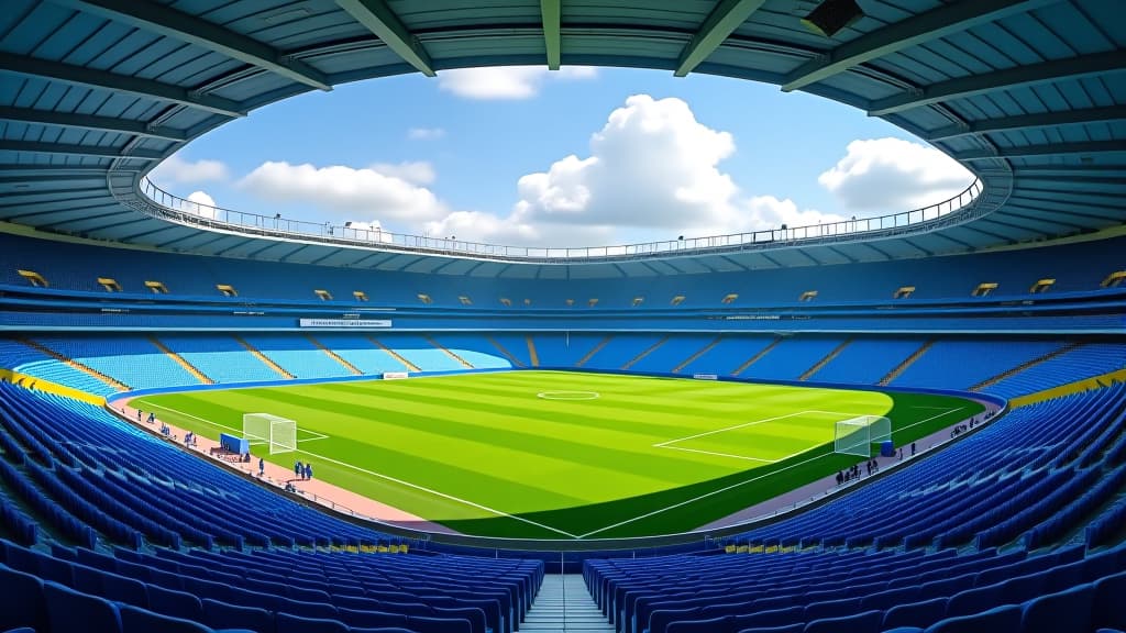  a stadium with a green field and blue seats