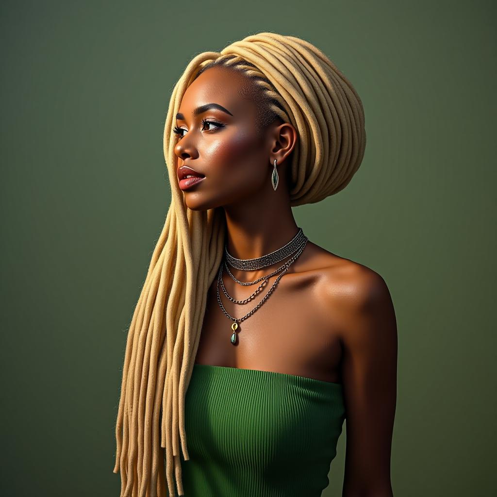  make an image of a mexican woman in blonde dreads wearing green