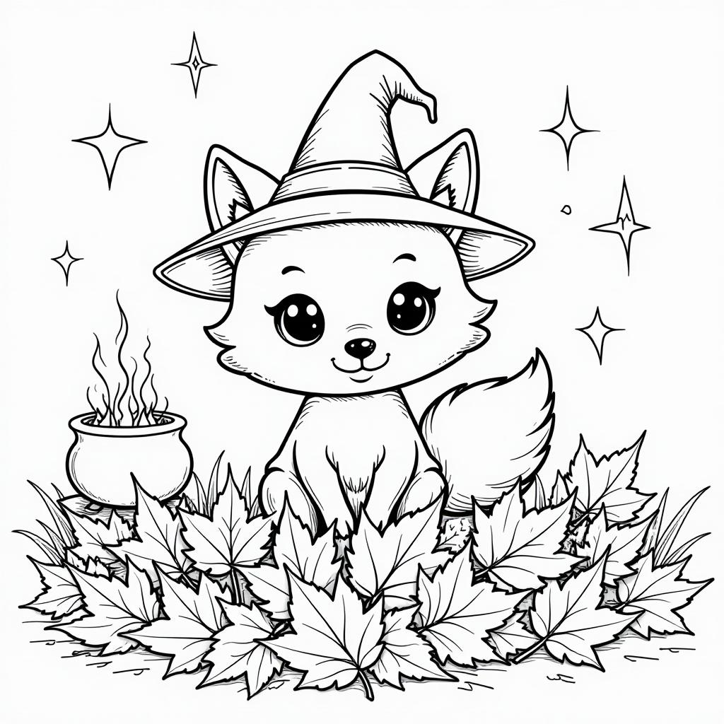  centered black and white high contrast line drawing, coloring book style,coloring book page coloring page a cute kawaii fox king out from behind a pile of colorful fall leaves. the fox has big, bright eyes and a witch hat on its head. in the background, there's a cozy corner with a cauldron bubbling over the fire and some stars floating above. use bold, lines to create a simple, eye catching design., monochrome, blank white background