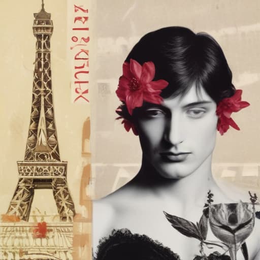 Book cover of book entitled LUDOVIC (in a vogue type font at top of page) a romance novel cult book cover aesthetic, with a collage below the title LUDOVIC featuring : a bacchanalia head, a champagne glass, keith baring flower head drawing, and an Eiffel Tower in Mythological style with City background