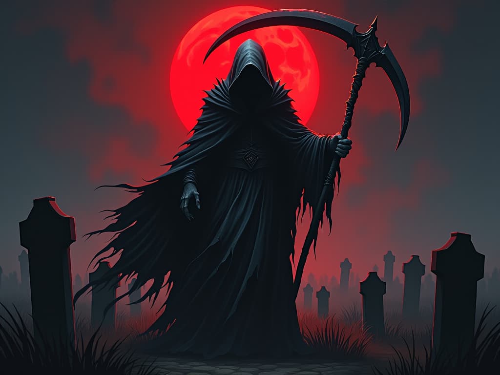  a grim reaper with a tattered cloak, clutching a soul harvesting scythe, standing amidst a field of gravestones under a blood red moon, foreboding aura, haunting. the style is dark fantasy and mysterious occult, symbolic, moody lighting, esoteric vibe,high detail on character design. for the color scheme emphasize blacks and reds.