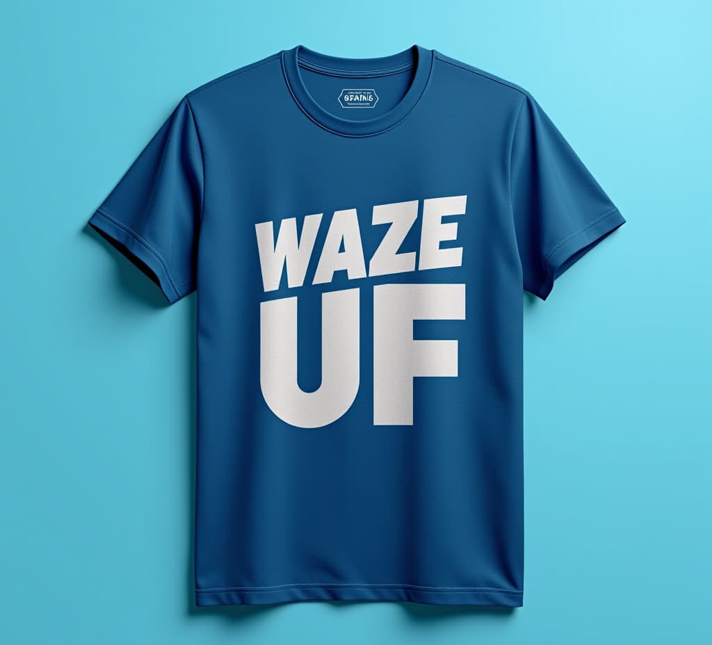  a trendy and fashion forward graphic tee mockup on a solid blue background, featuring its bold print and modern design, all presented in hd to highlight its statement making and youthful appeal