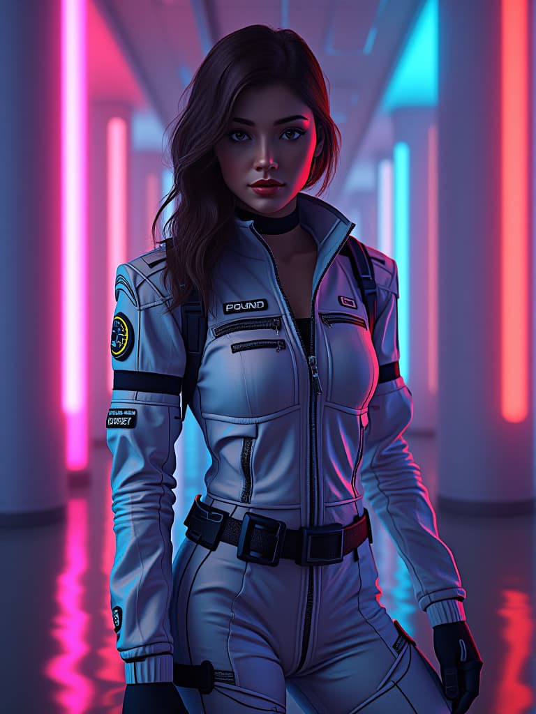  beautiful woman in cyber punk style in a jump suit, neon lights, uhd, 8k