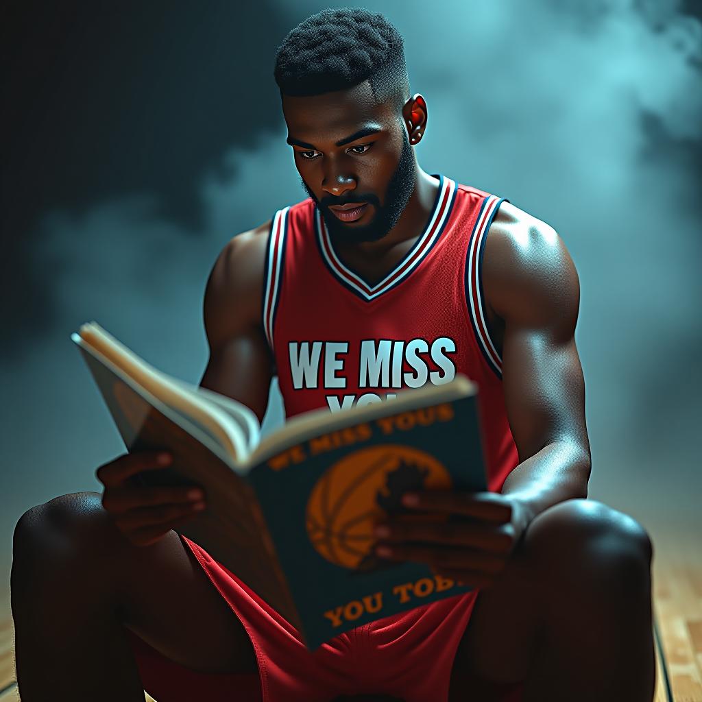  a basketball player reading a magazine, where the magazine has 'we miss you toby' hyperrealistic, full body, detailed clothing, highly detailed, cinematic lighting, stunningly beautiful, intricate, sharp focus, f/1. 8, 85mm, (centered image composition), (professionally color graded), ((bright soft diffused light)), volumetric fog, trending on instagram, trending on tumblr, HDR 4K, 8K