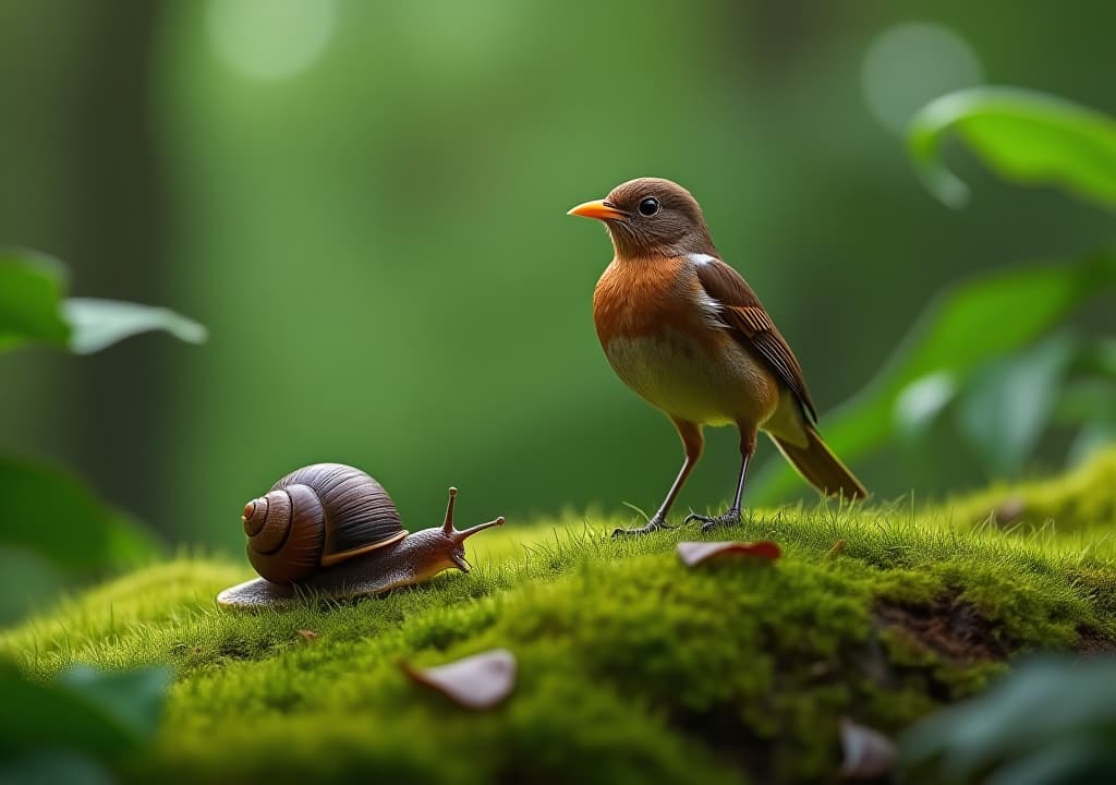  a thrush standing elegantly on moss with a snail in a lush green forest setting, high quality, high details, hd, perfect composition, 4k epic detailed, highly detailed, sharp focus, high resolution